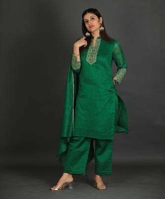 Green coloured chanderi silk set & dupatta with heavy beads & resham work 2