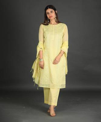 lime yellow coloured chanderi silk set & dupatta with heavy dori embroidery on kurta 1