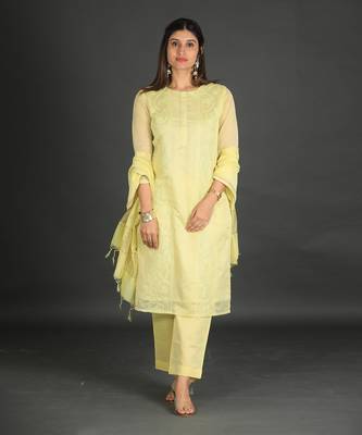 lime yellow coloured chanderi silk set & dupatta with heavy dori embroidery on kurta 2