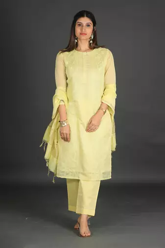 lime yellow coloured chanderi silk set & dupatta with heavy dori embroidery on kurta