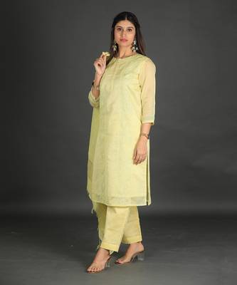 lime yellow coloured chanderi silk set & dupatta with heavy dori embroidery on kurta 3