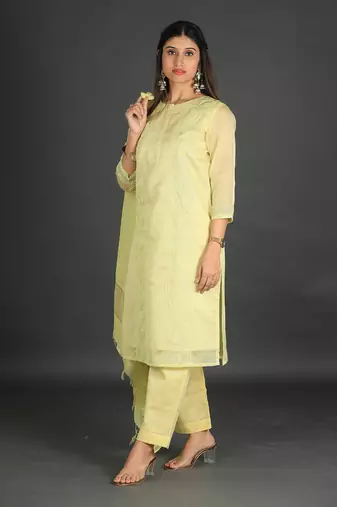 lime yellow coloured chanderi silk set & dupatta with heavy dori embroidery on kurta