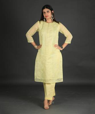 lime yellow coloured chanderi silk set & dupatta with heavy dori embroidery on kurta 4