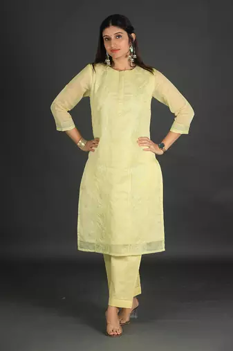 lime yellow coloured chanderi silk set & dupatta with heavy dori embroidery on kurta