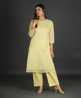 lime yellow coloured chanderi silk set & dupatta with heavy dori embroidery on kurta 5