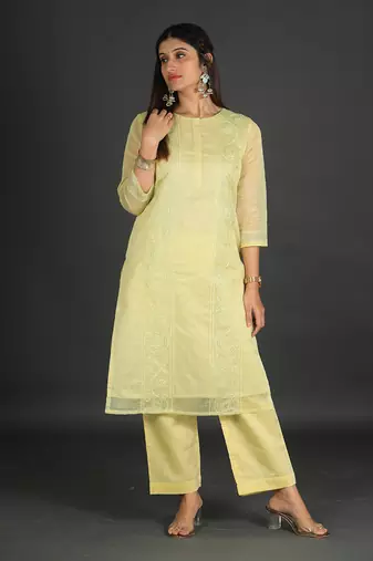 lime yellow coloured chanderi silk set & dupatta with heavy dori embroidery on kurta