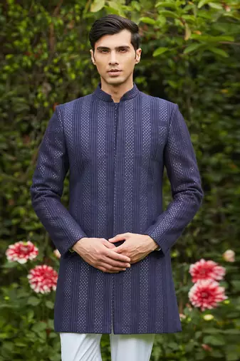 Marya - Blue Chikankari Achkan Jacket Set