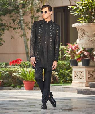 Niruha - Black Chikankari Open Jacket Set 1
