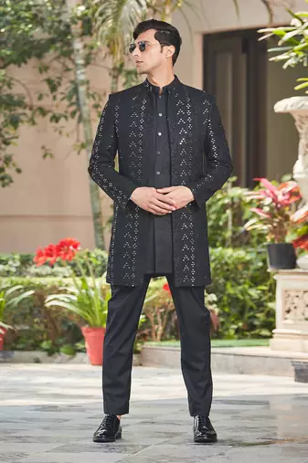 Niruha - Black Chikankari Open Jacket Set