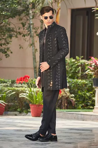 Niruha - Black Chikankari Open Jacket Set