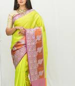 Parrot Green Brocade Cotton Silk Banarasi Saree