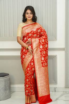 Floral Uppada Silk Orange Jaal Banarasi Saree 1
