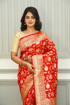 Floral Uppada Silk Orange Jaal Banarasi Saree 2