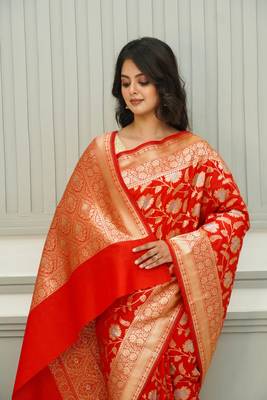 Floral Uppada Silk Orange Jaal Banarasi Saree 3