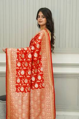 Floral Uppada Silk Orange Jaal Banarasi Saree 4