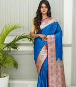 Floral Blue Plain Katan Silk Banarasi Saree