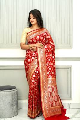 Floral Red Uppada Silk Jaal Banarasi Saree 1