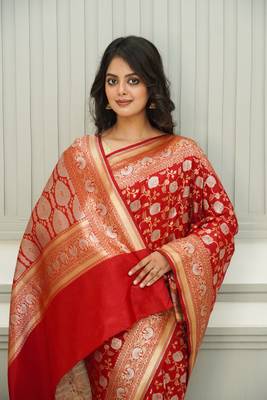 Floral Red Uppada Silk Jaal Banarasi Saree 4