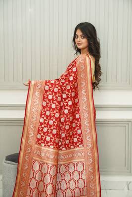 Floral Red Uppada Silk Jaal Banarasi Saree 5