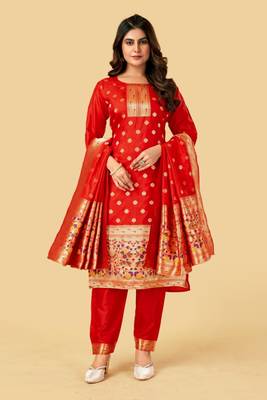 RED BANARASI SOFT SILK GOLDEN ZARI WEAVING DRESS MATERIAL  1
