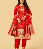 RED BANARASI SOFT SILK GOLDEN ZARI WEAVING DRESS MATERIAL 