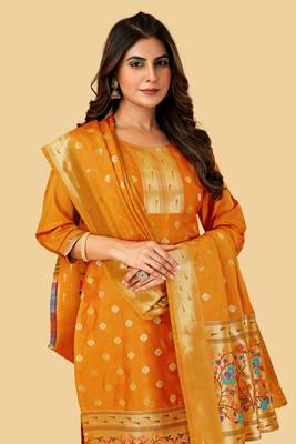 ORANGE BANARASI SOFT SILK GOLDEN ZARI WEAVING DRESS MATERIAL  1