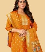ORANGE BANARASI SOFT SILK GOLDEN ZARI WEAVING DRESS MATERIAL 