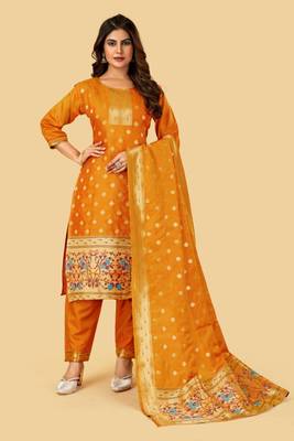 ORANGE BANARASI SOFT SILK GOLDEN ZARI WEAVING DRESS MATERIAL  2