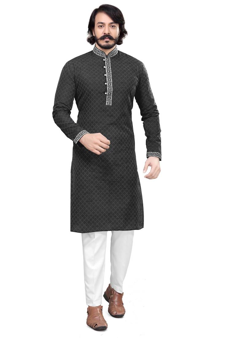 Black color Self Design jacquard cotton kurta with payjama