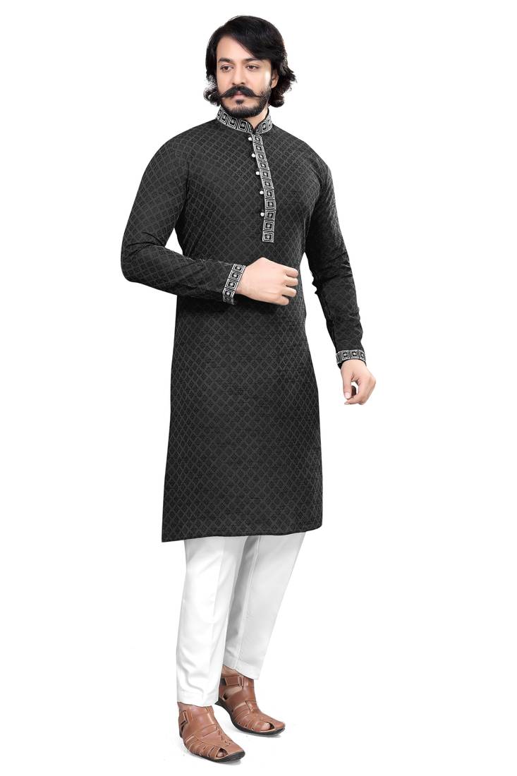Black color Self Design jacquard cotton kurta with payjama