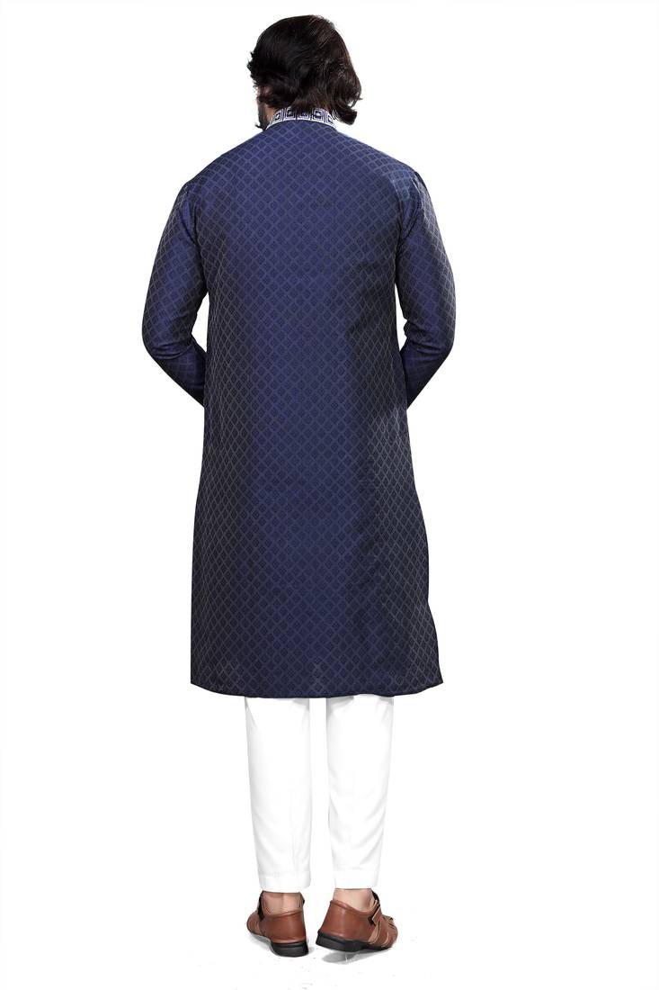 Blue color Self Design jacquard cotton kurta with payjama