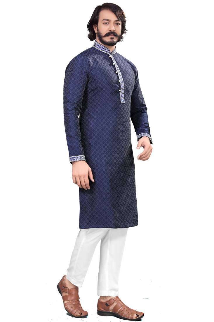Blue color Self Design jacquard cotton kurta with payjama