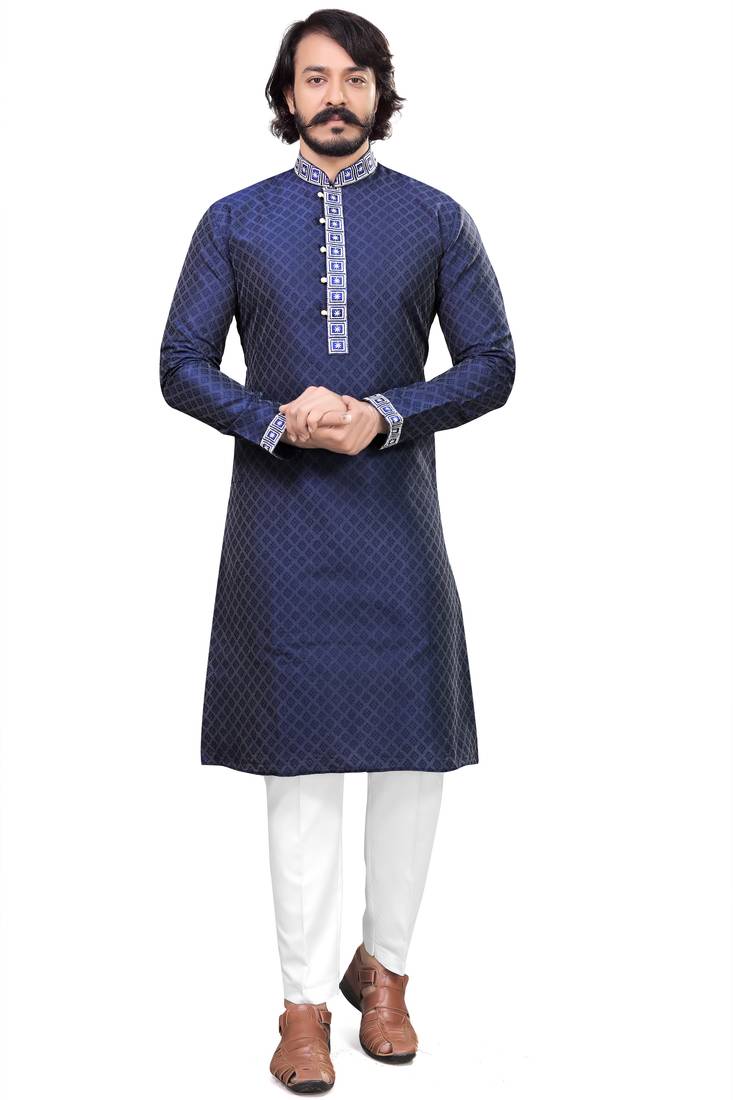 Blue color Self Design jacquard cotton kurta with payjama