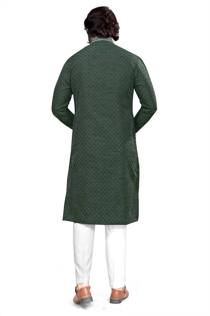 green color Self Design jacquard cotton kurta with payjama