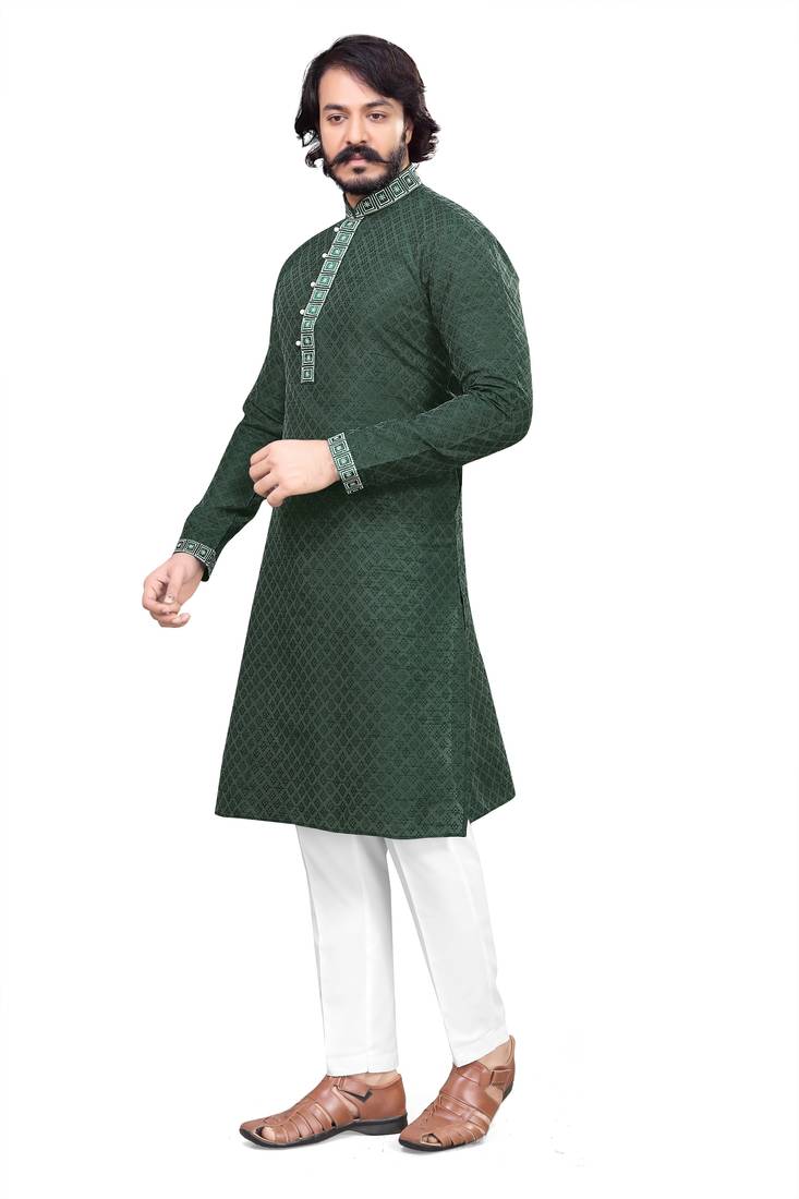 green color Self Design jacquard cotton kurta with payjama