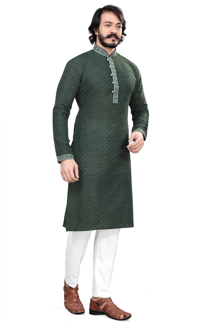 green color Self Design jacquard cotton kurta with payjama