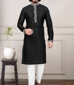 Black color Self Design jacquard cotton kurta with payjama