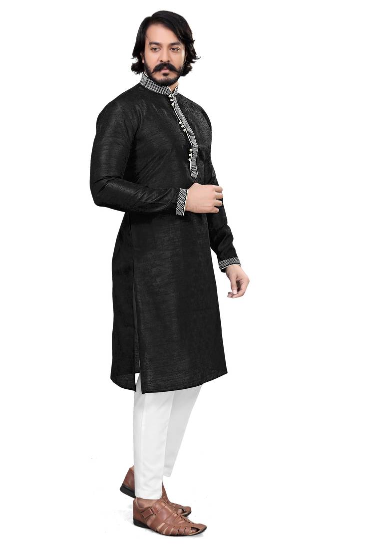 Black color Self Design jacquard cotton kurta with payjama