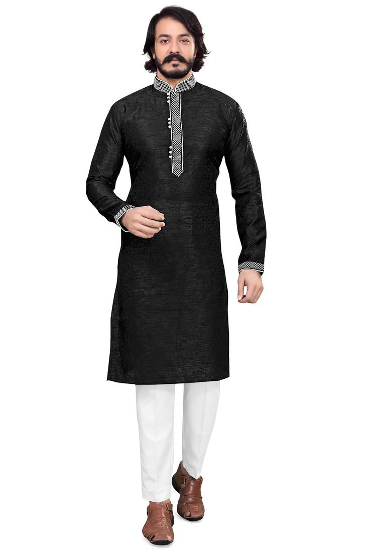 Black color Self Design jacquard cotton kurta with payjama