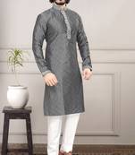 Grey color Self Design jacquard cotton kurta with payjama