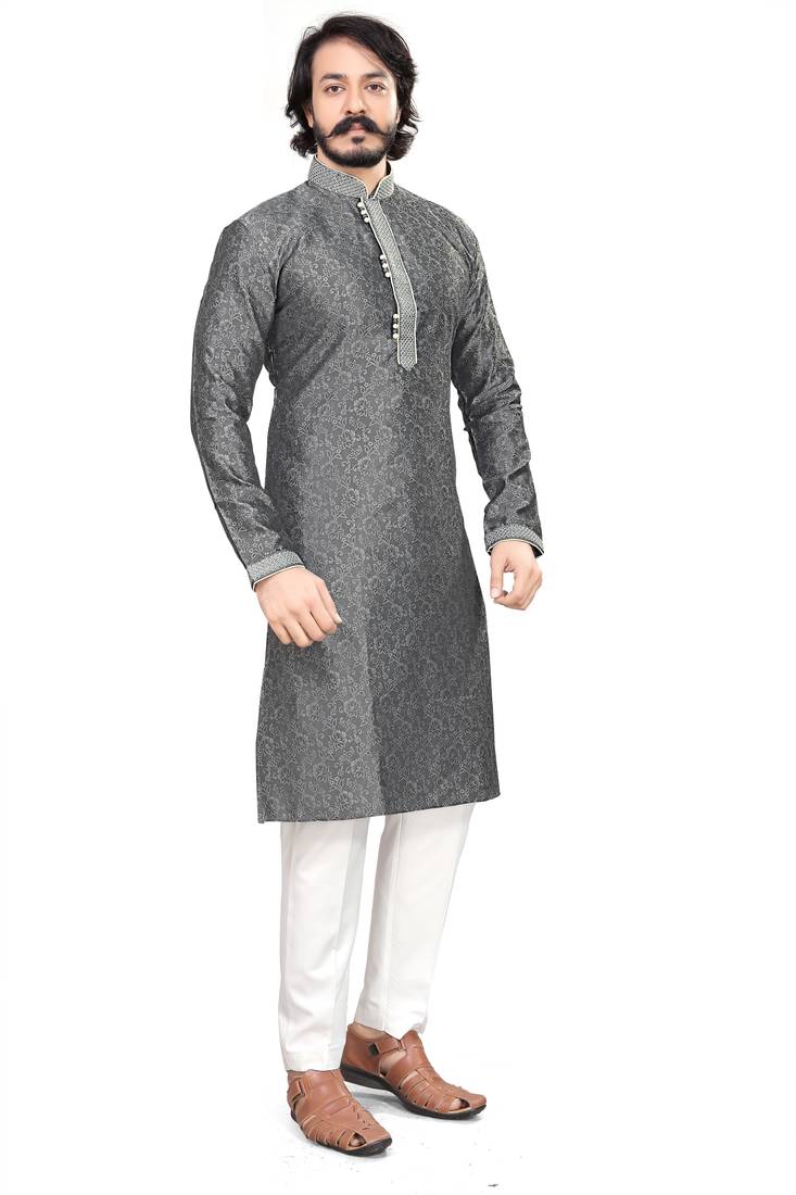 Grey color Self Design jacquard cotton kurta with payjama