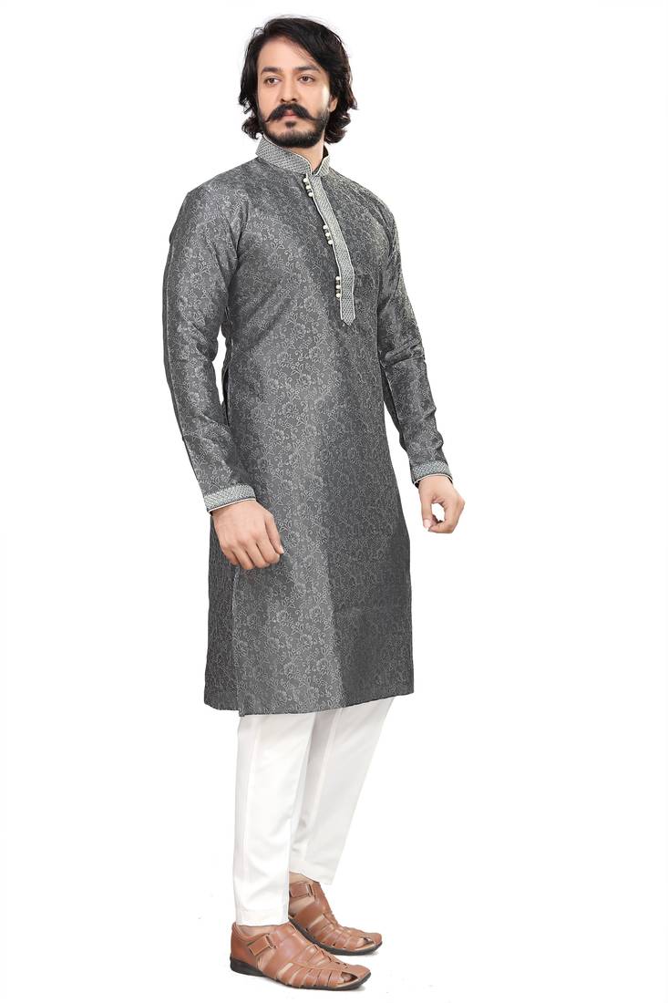 Grey color Self Design jacquard cotton kurta with payjama