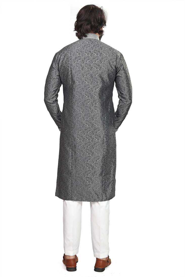Grey color Self Design jacquard cotton kurta with payjama