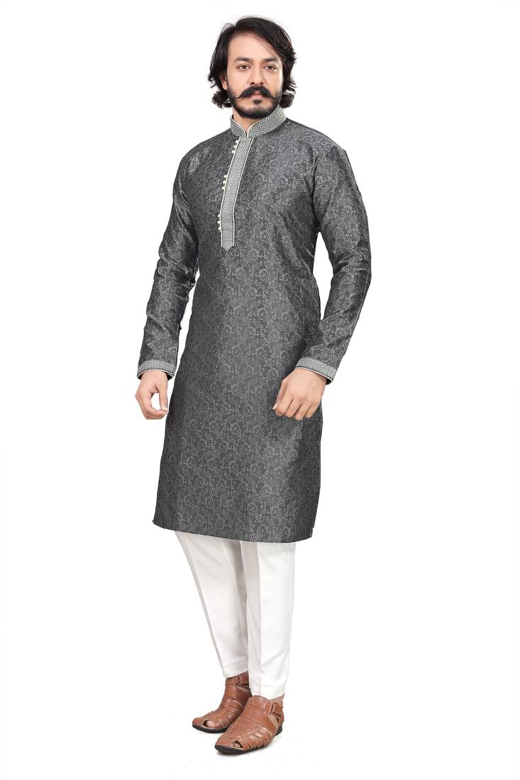 Grey color Self Design jacquard cotton kurta with payjama