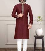 Maroon color Self Design jacquard cotton kurta with payjama