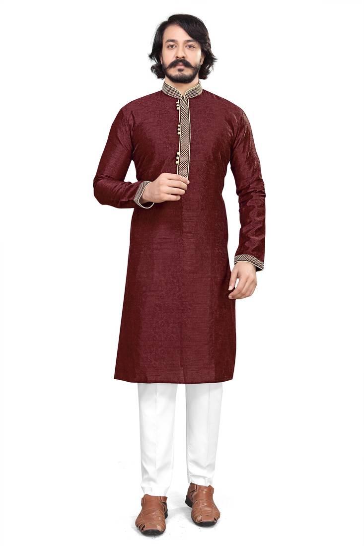 Maroon color Self Design jacquard cotton kurta with payjama
