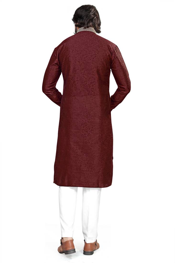 Maroon color Self Design jacquard cotton kurta with payjama