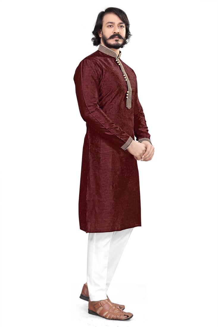 Maroon color Self Design jacquard cotton kurta with payjama