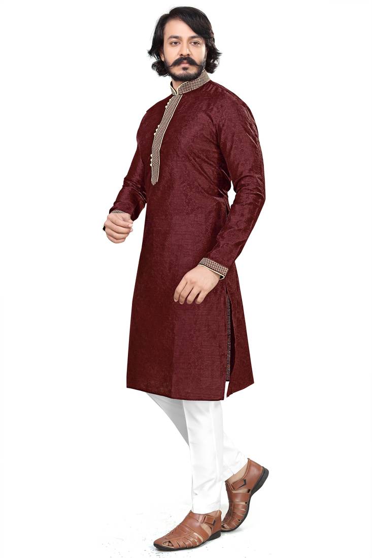 Maroon color Self Design jacquard cotton kurta with payjama