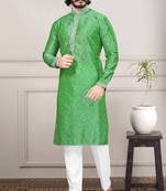 Pista color Self Design jacquard cotton kurta with payjama